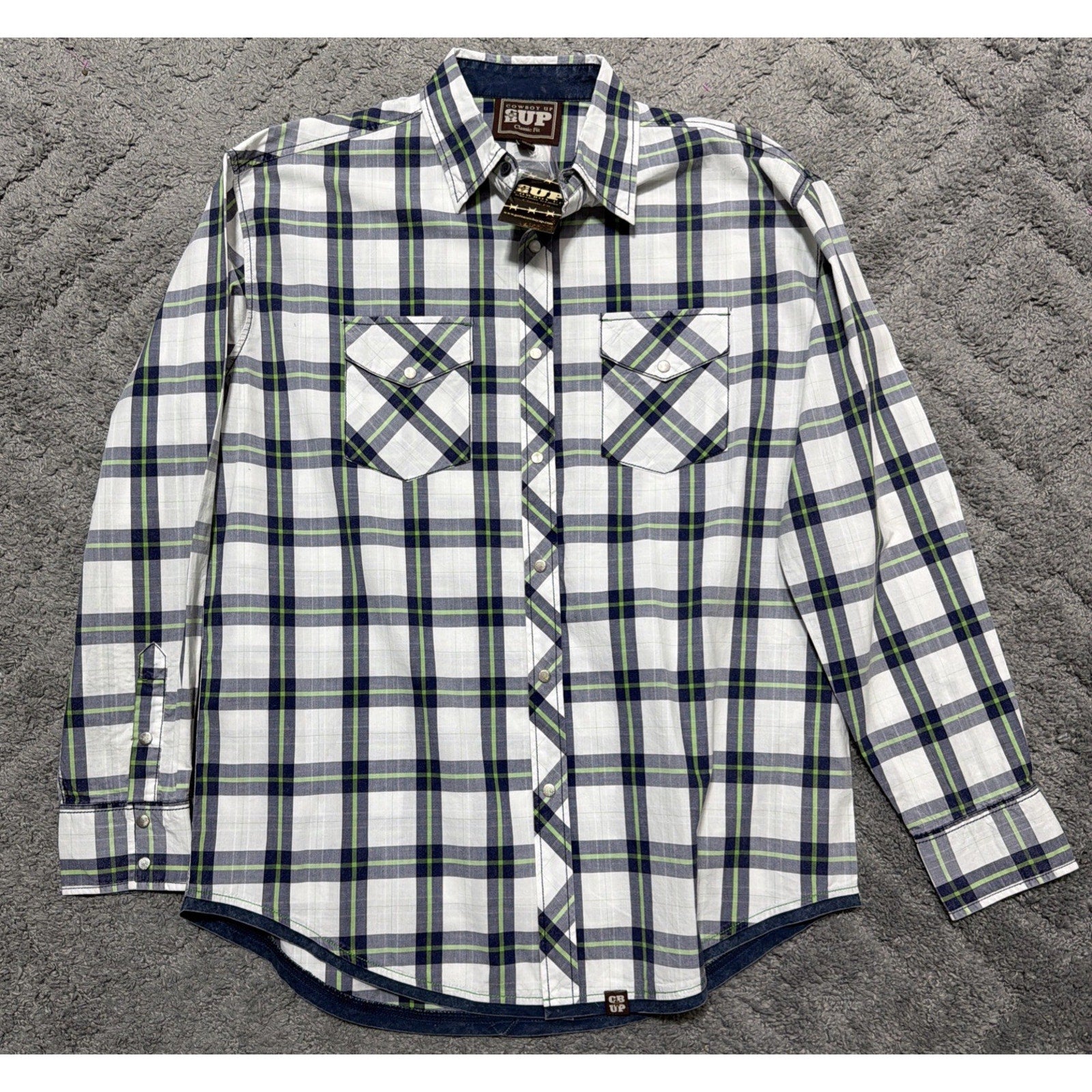 Men's NEW COWBOY UP Size Large Green/White/Blue Classic Fit Pearl Snap LS Shirt