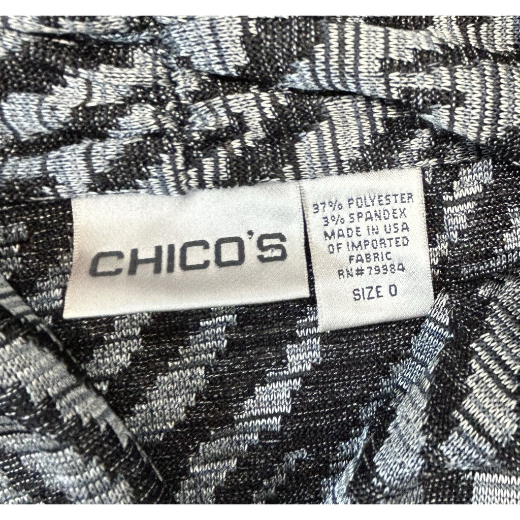 Chico’s Women’s Sz 0 Open Long Front Black & Grey Pattern Cardigan Made In USA.