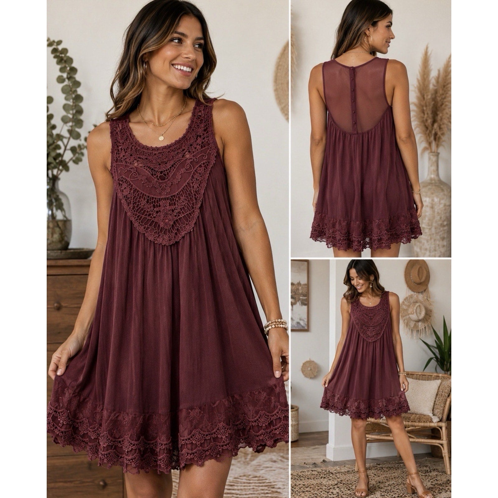 Altar’d State Burgundy Crochet Lace Swing Dress Boho Sleeveless Women’s L