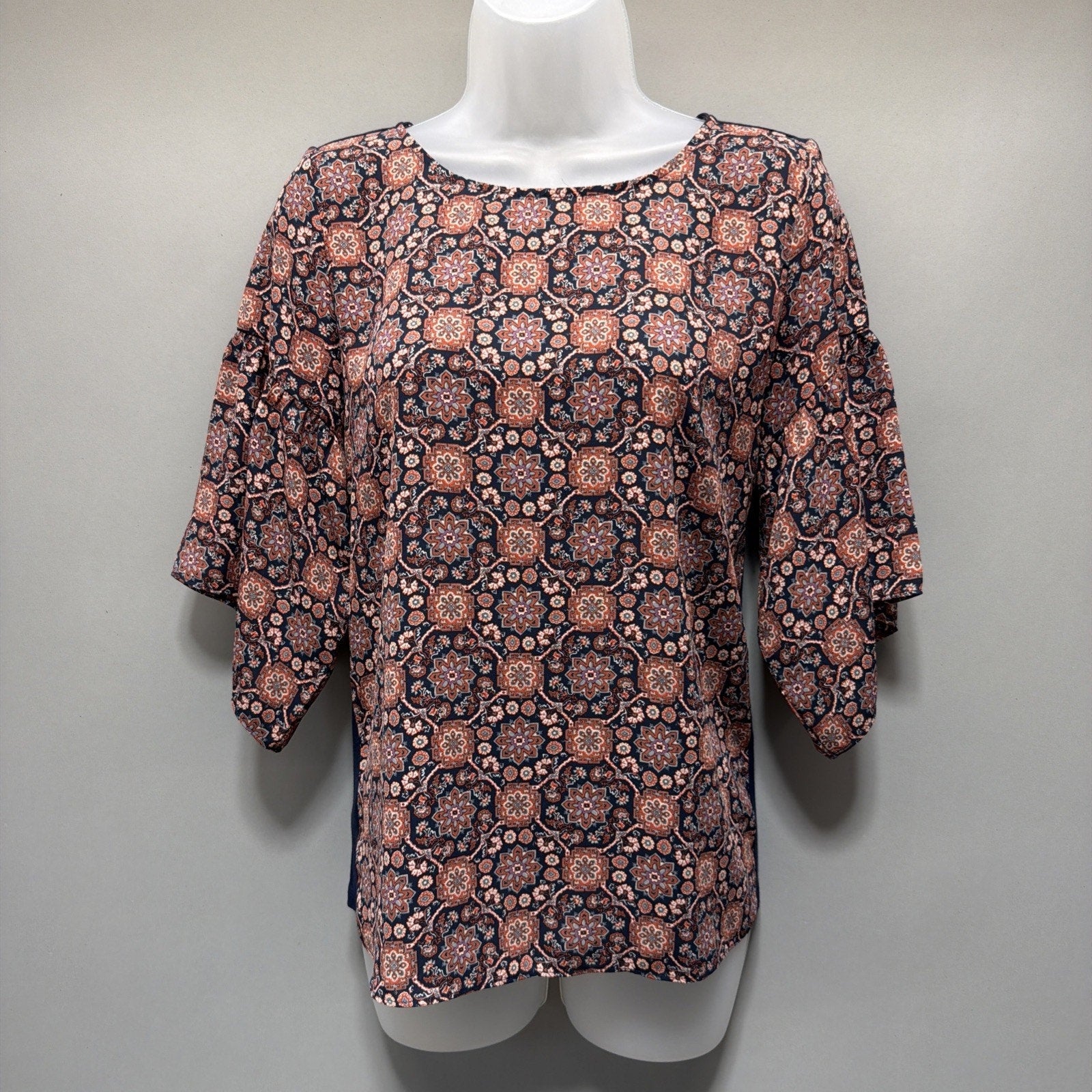 Loft Blouse Top Size XXS Pet Womans Navy Blue Brown Floral Print 3/4 Bell Sleeve