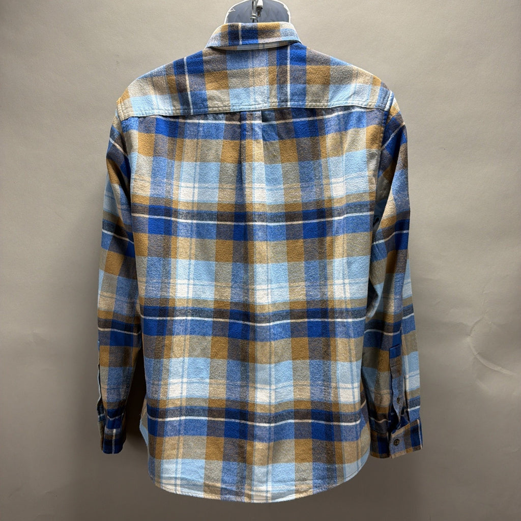 Eddie Bauer Mens M Blue Tan Plaid Flannel Shirt Button Down Long Sleeve Cotton