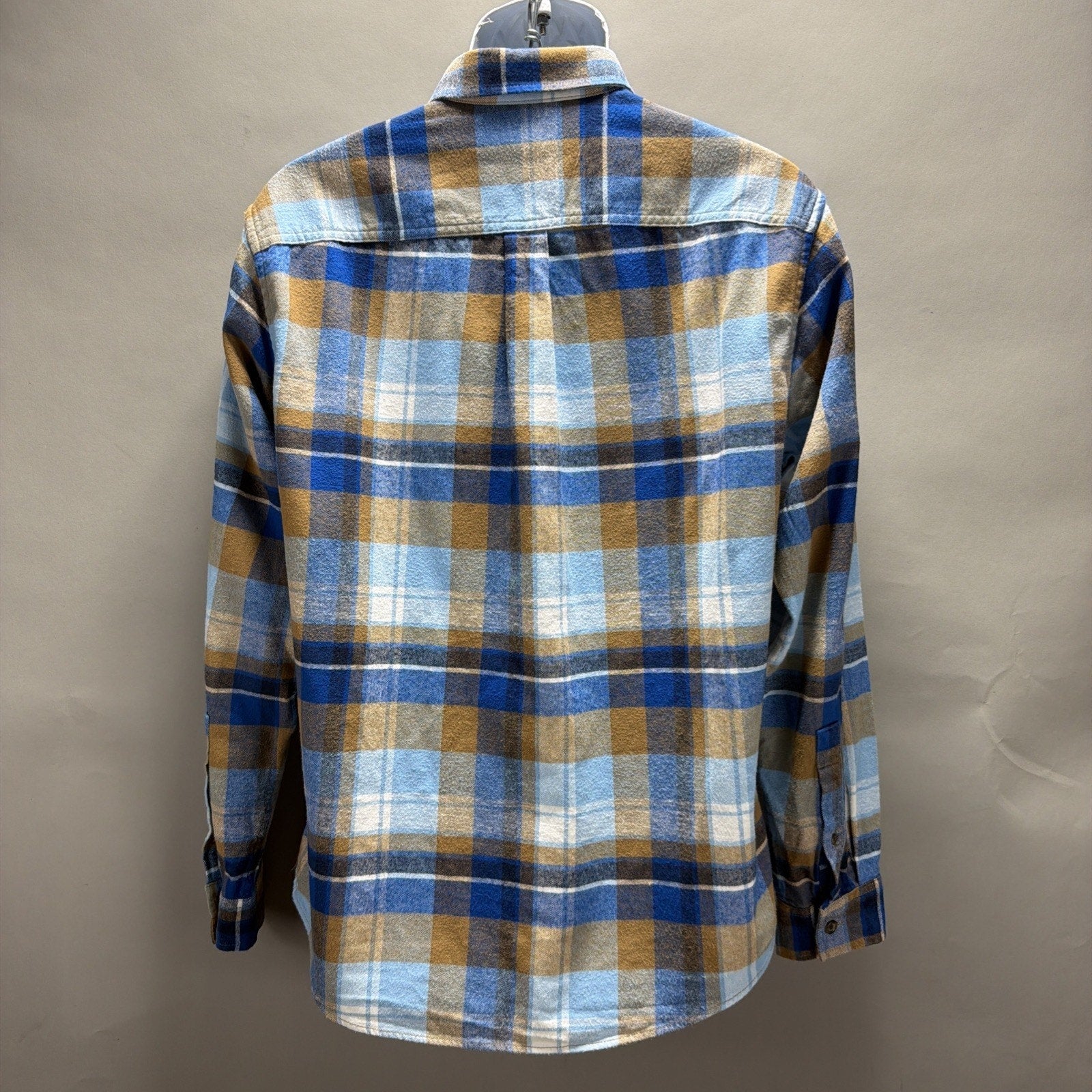Eddie Bauer Mens M Blue Tan Plaid Flannel Shirt Button Down Long Sleeve Cotton