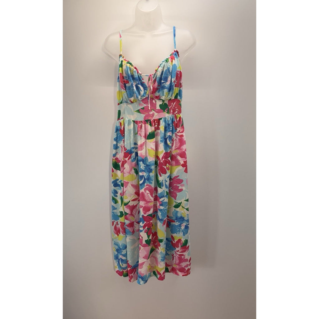 OLD NAVY Fit & Flare Floral Smocked Midi Cami Dress Pink Blue Watercolor Women L