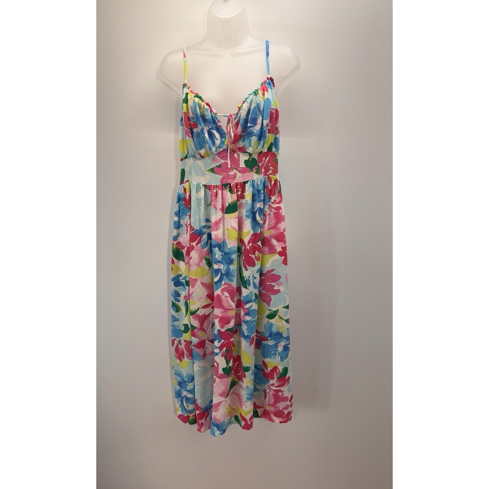 OLD NAVY Fit & Flare Floral Smocked Midi Cami Dress Pink Blue Watercolor Women L