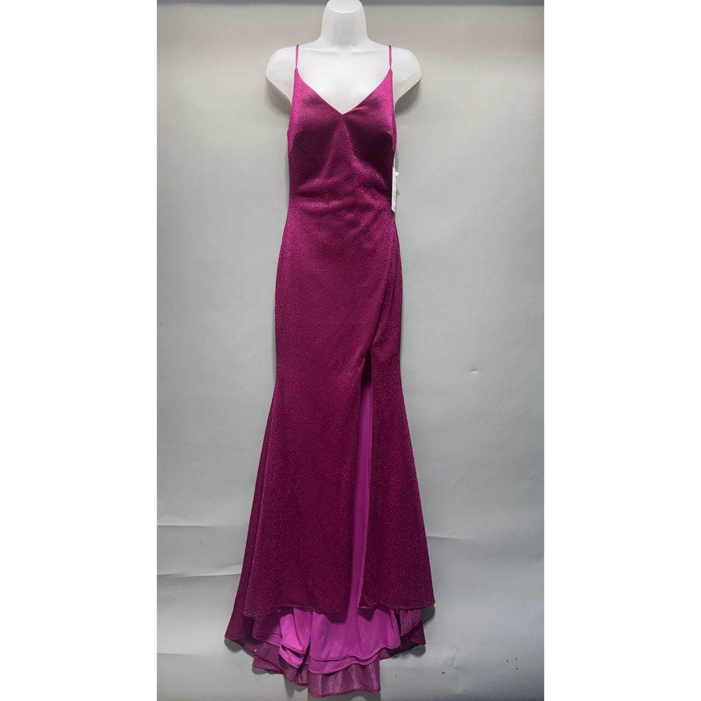 Women’s Hot Pink Glitter Formal Dress Mermaid Maxi Gown Slit Spaghetti Strap