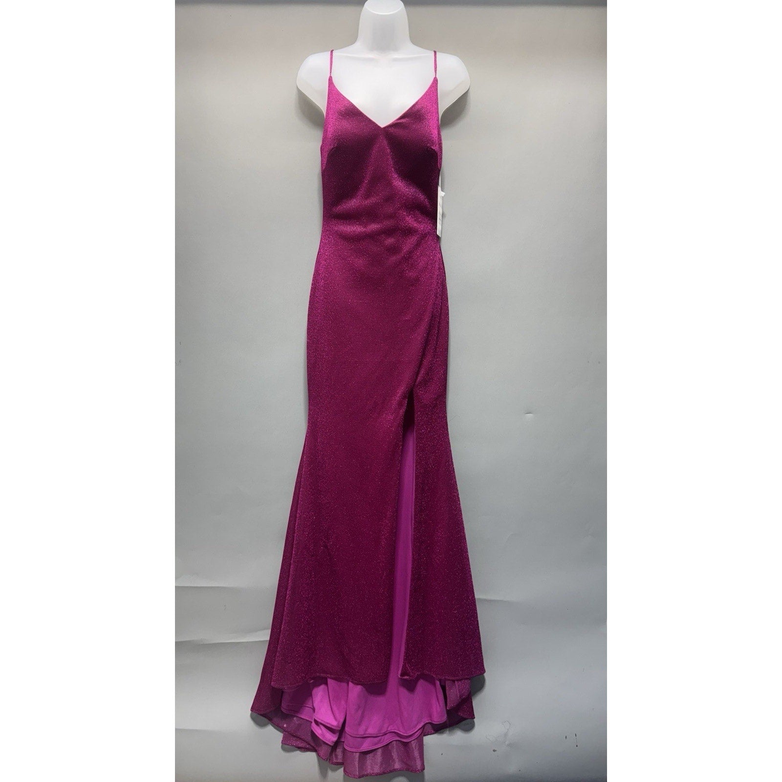 Women’s Hot Pink Glitter Formal Dress Mermaid Maxi Gown Slit Spaghetti Strap