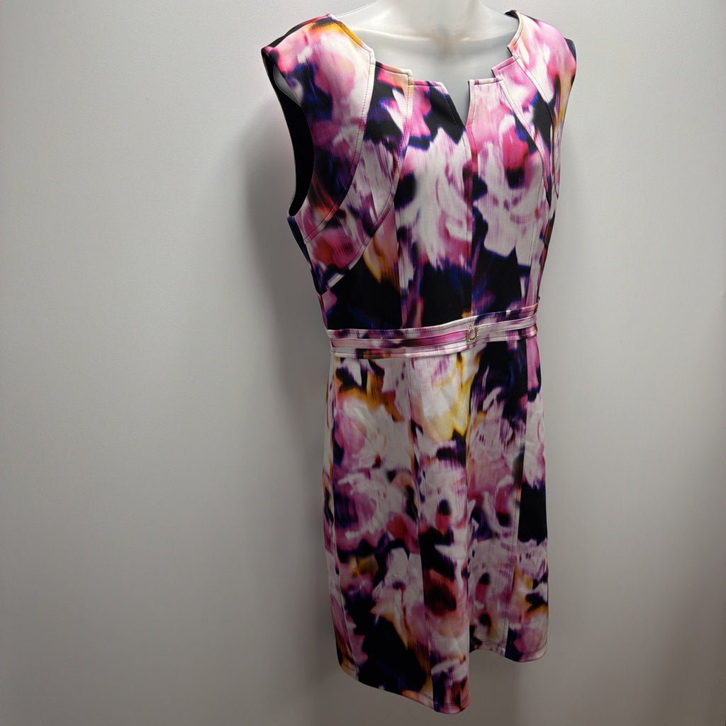Ellen Tracy Abstract Floral Cap Sleeve Sheath Dress 10 Multicolor Stretch Lined