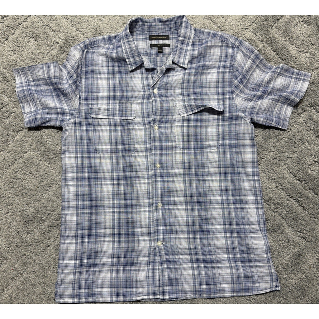 Banana Republic Mens Slim Fit Blue Plaid Short Sleeve Shirt Lightweight L Beach