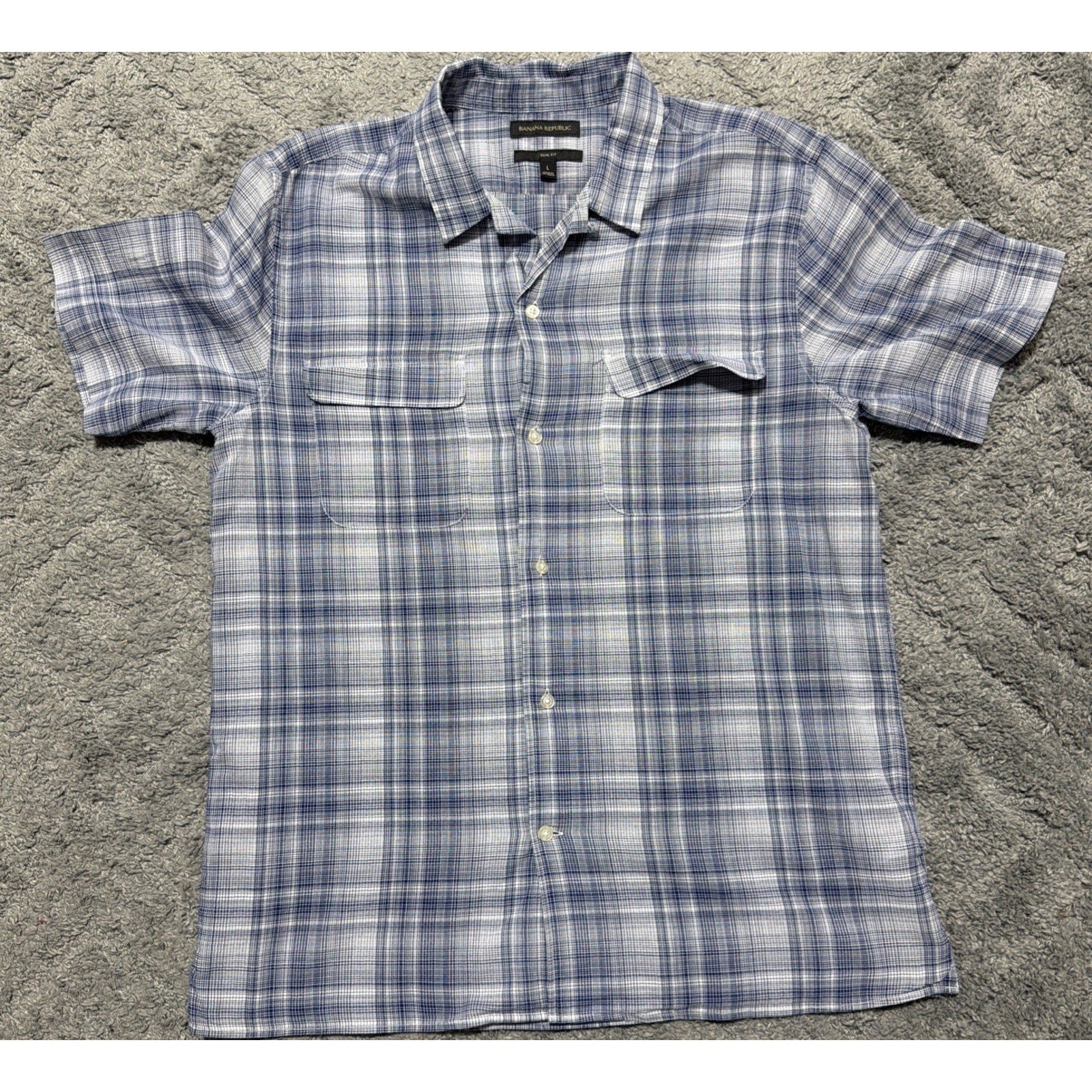 Banana Republic Mens Slim Fit Blue Plaid Short Sleeve Shirt Lightweight L Beach