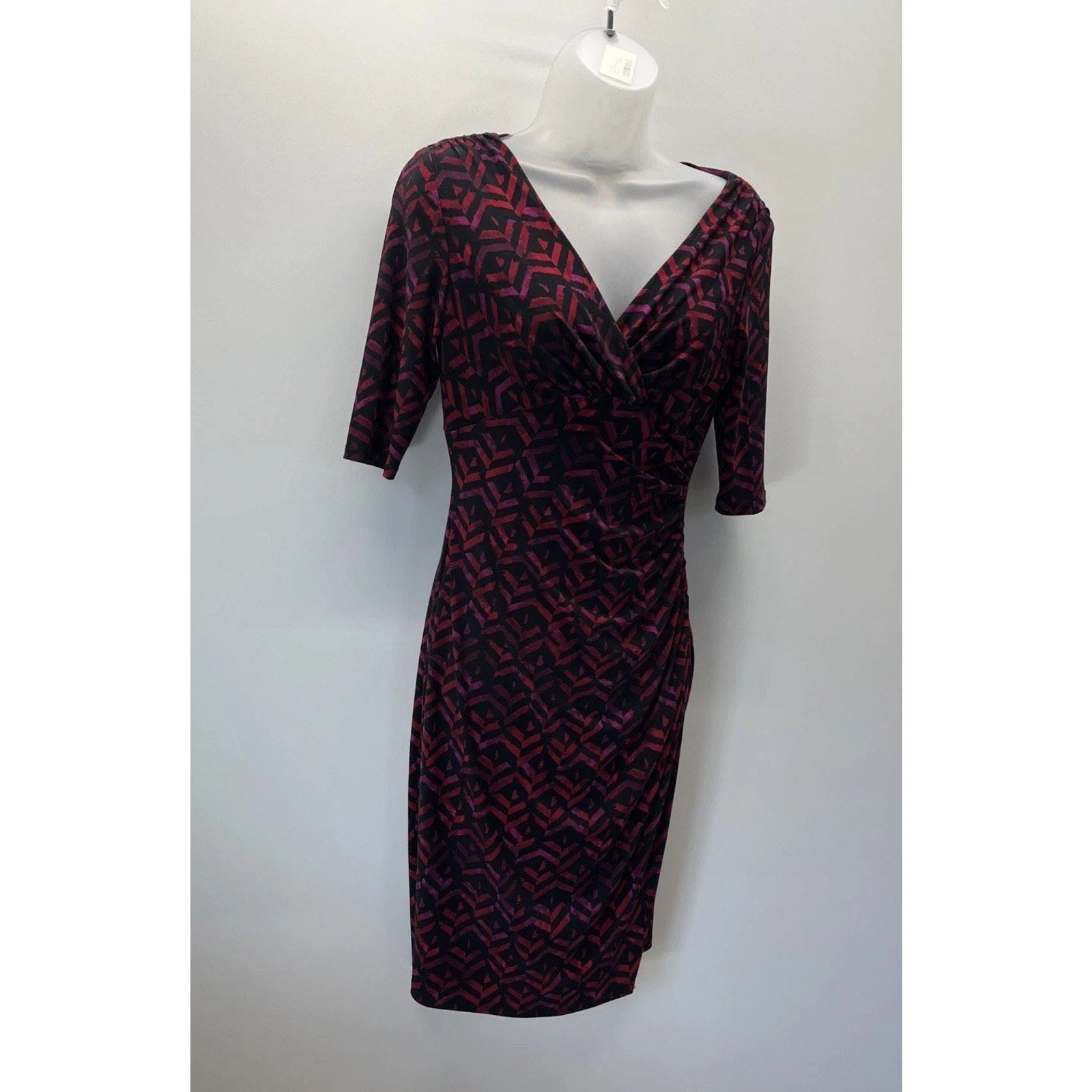 Lauren Ralph Lauren Womens Faux Wrap Dress Size 2 Geometric Red Black Ruched