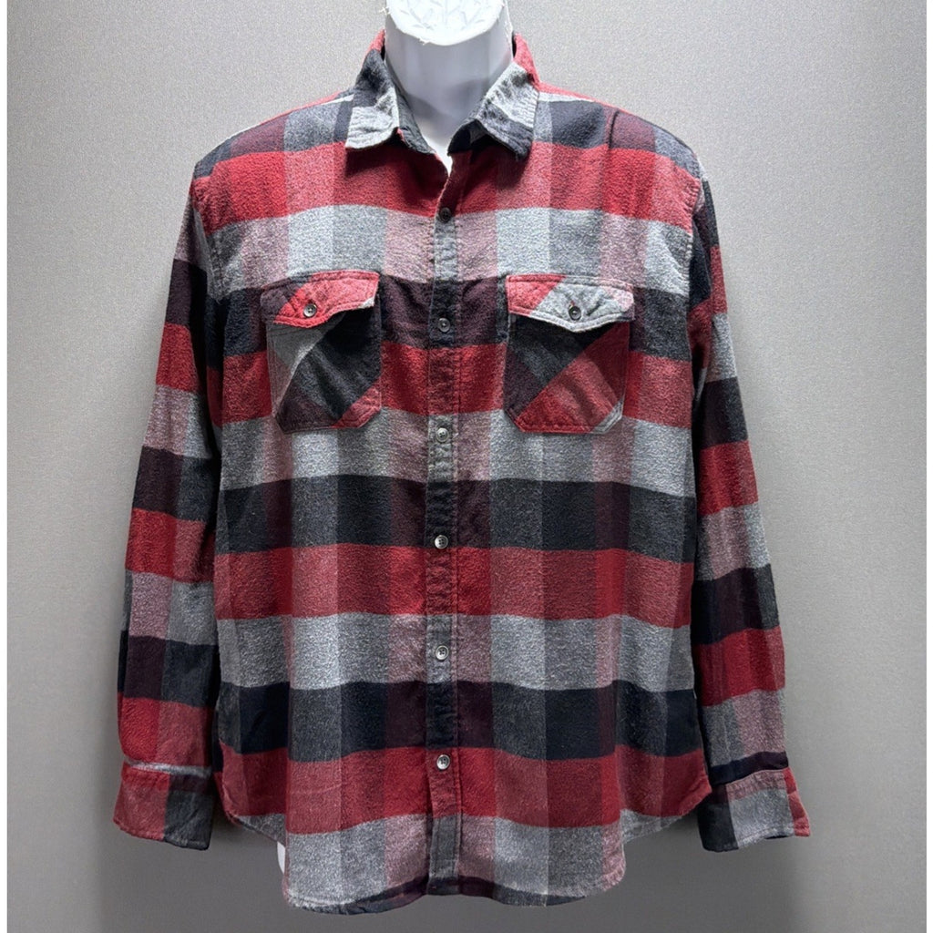 Kenneth Cole Button Down Shirt Mens Size L Red Black Plaid Flannel Slim Fit