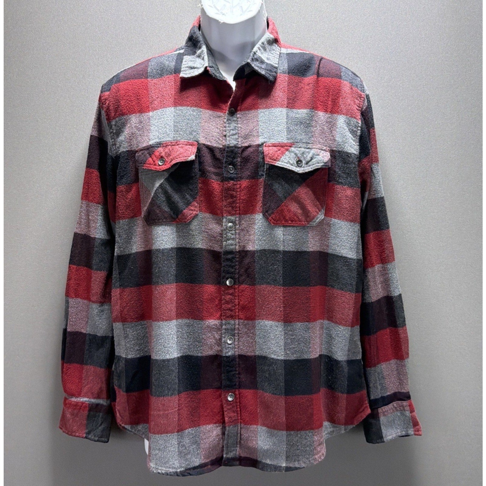 Kenneth Cole Button Down Shirt Mens Size L Red Black Plaid Flannel Slim Fit