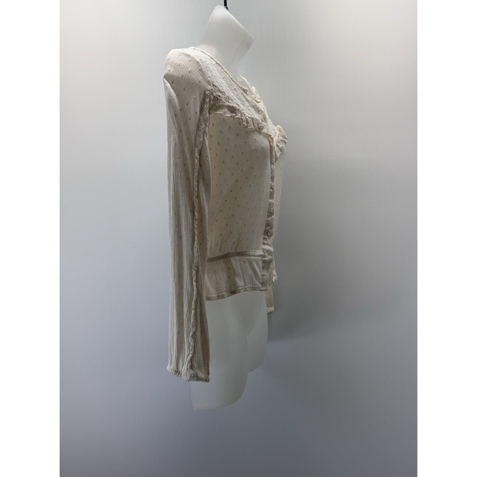 American Eagle Women’s Small Shirt Blouse Top Button Embroidered Cream Ruffle