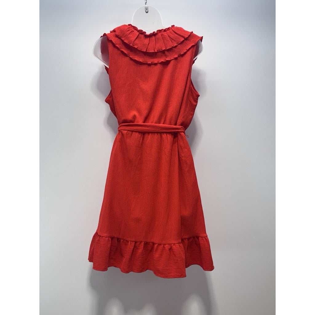 Cato Red Ruffle Flutter Trim V-Neck A-Line Dress Waist Tie Women’s Size Large