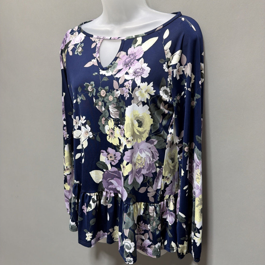 Pink Lily Floral Print Blouse Top Long Sleeve Multicolor Women's Medium