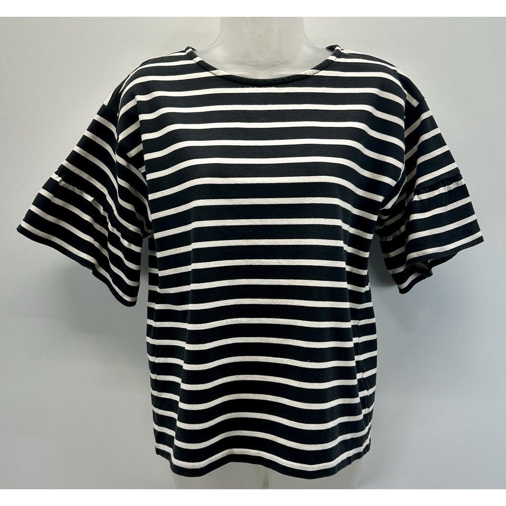 J. Crew Mariner Top Womens S Black White Striped Ruffle Short Sleeve Nautical.