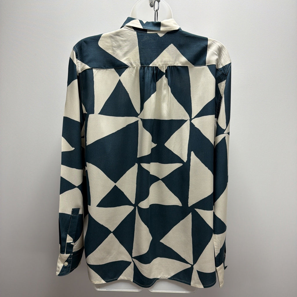 LOFT Womens Sz Medium Long Sleeve Blouse Button Front Geometric Green Off White