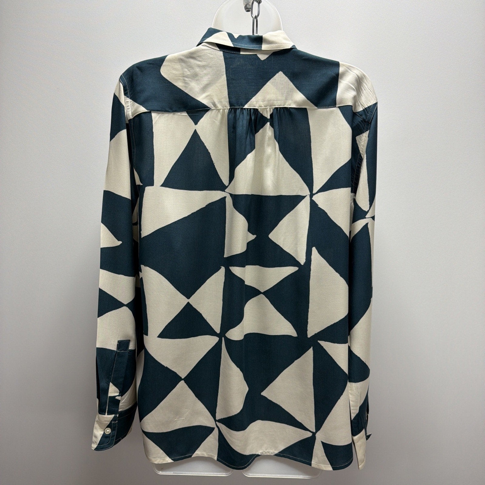 LOFT Womens Sz Medium Long Sleeve Blouse Button Front Geometric Green Off White