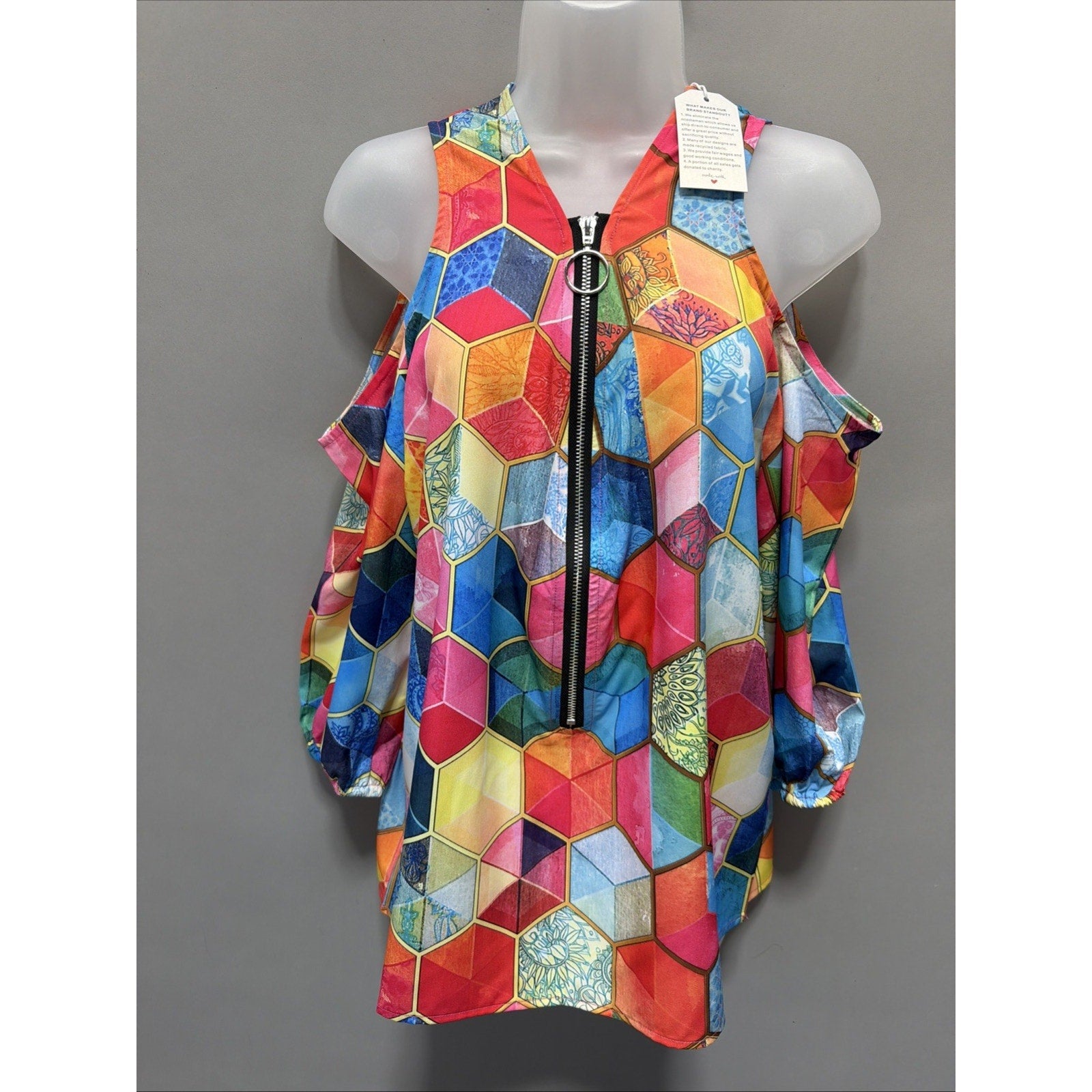 NWT Bluzka Damska Geometric Multi-Colored Print Cold Shoulder Blouse Top L