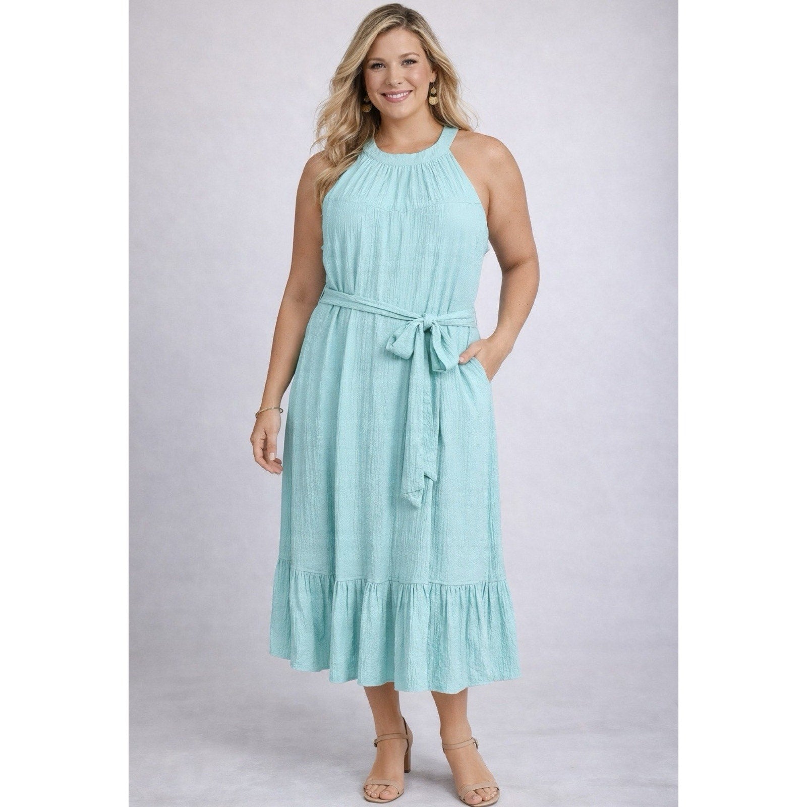 Calvin Klein Dress Size 10 Aqua Blue Sleeveless Tie Waist Midi Maxi Textured