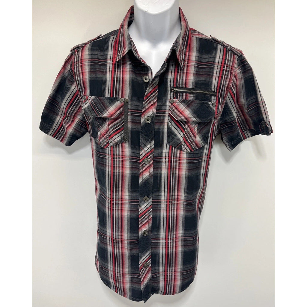Rebel Soul Western Red Plaid Shirt Large Black Button Up Short Sleeve Mens