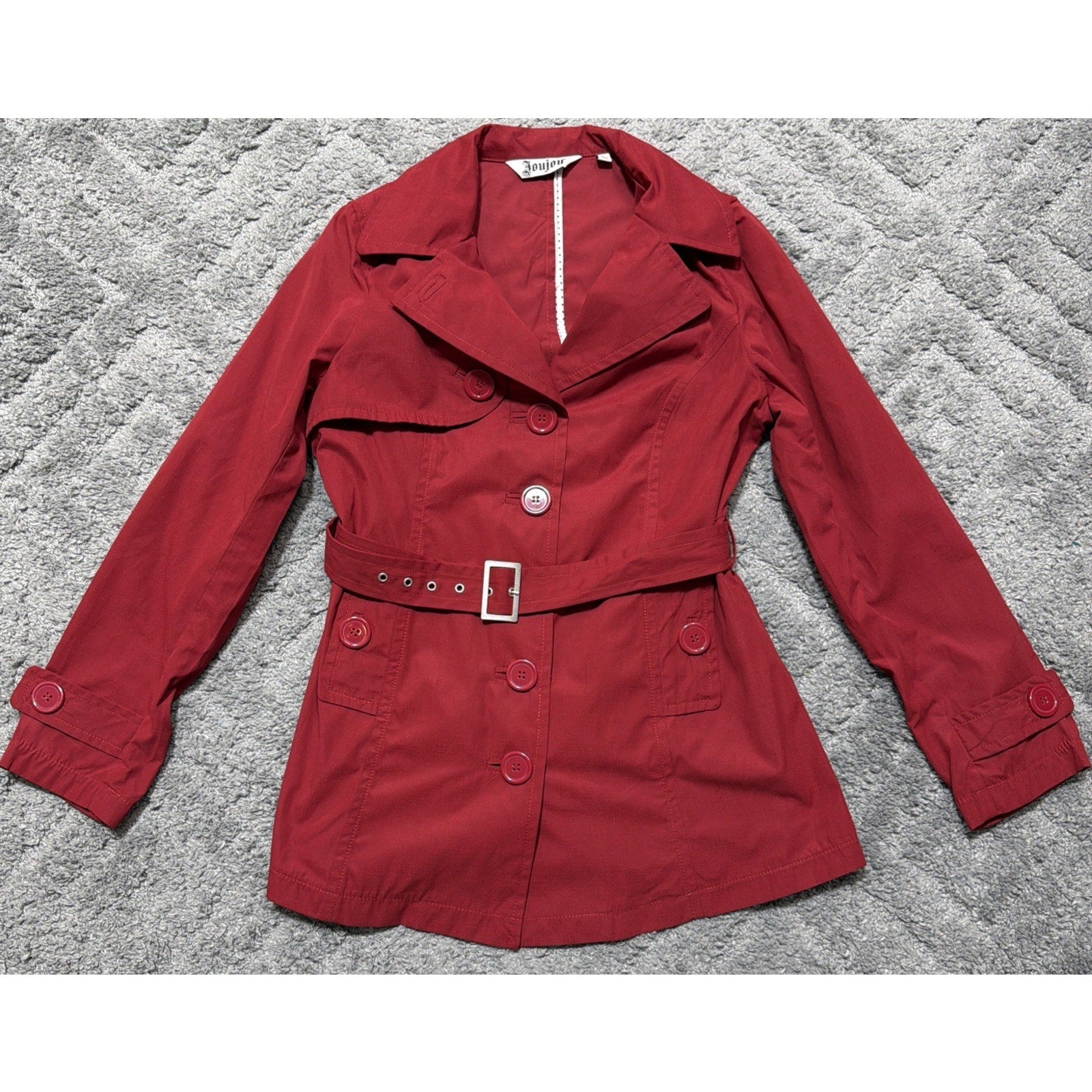 Jou Jou Trench Coat Women's Red Jacket Double Breasted, Lined, Belted - L