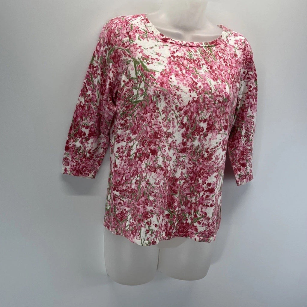 Talbots Women's Petite M Top Pink Red Floral 3/4 Sleeve Cotton Rayon