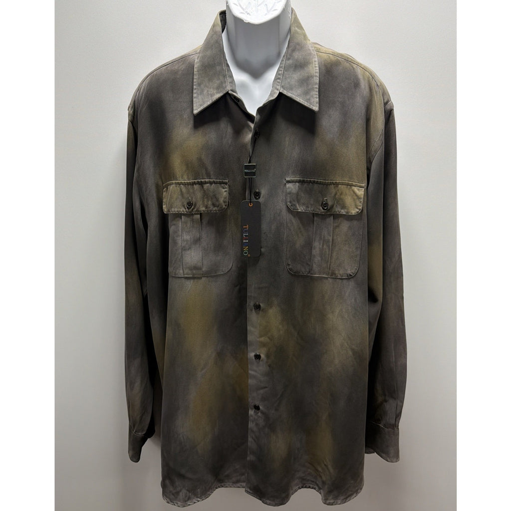 Tulliano 100% Silk Button Front Shirt Mens XXL Gray Black Burnout Abstract
