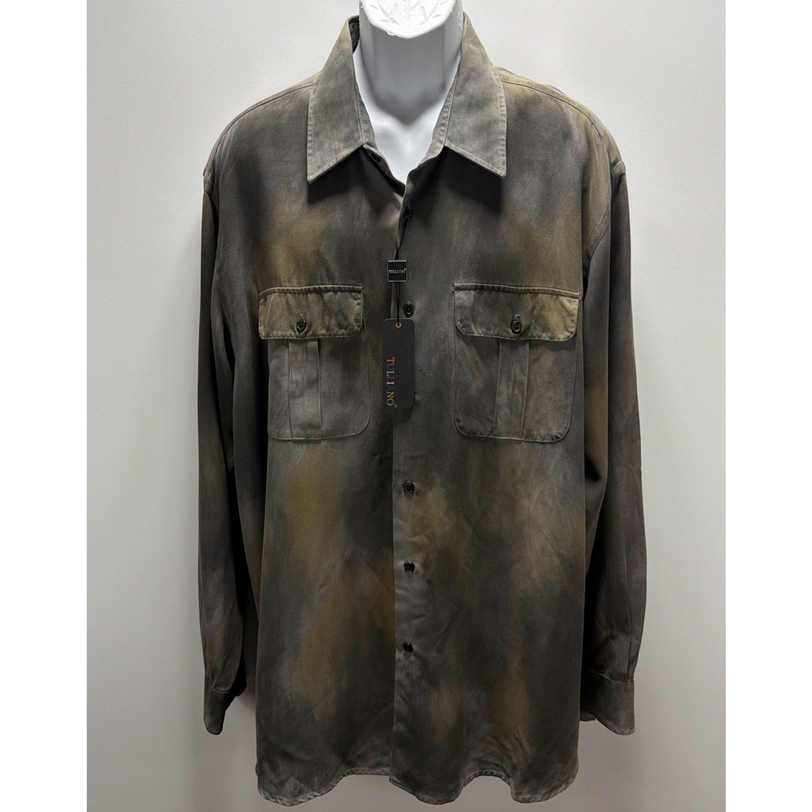 Tulliano 100% Silk Button Front Shirt Mens XXL Gray Black Burnout Abstract