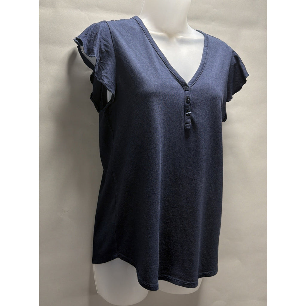 LOFT Navy Blue Flutter Sleeve V Neck 1/4 Button Blouse Size Medium