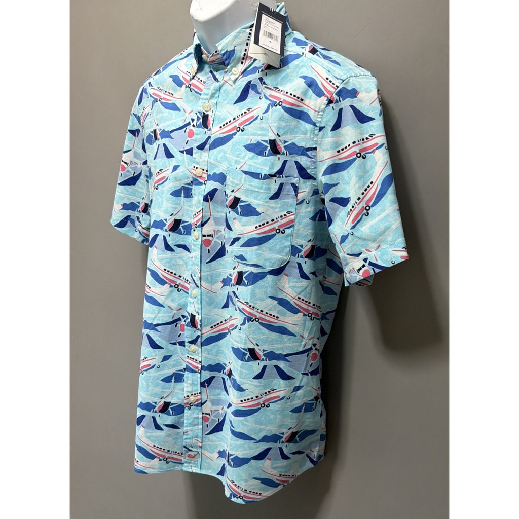Vineyard Vines Jet Set Airplane Print Button Down Shirt Men’s Small Blue NWT