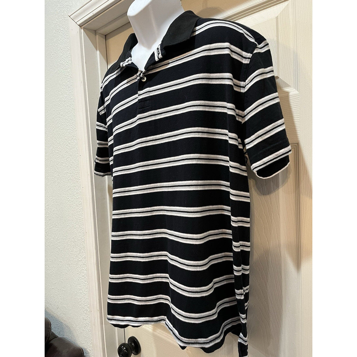St Johns Bay Black Stripe Performance Polo Men's Size X-Large Preppy Cotton