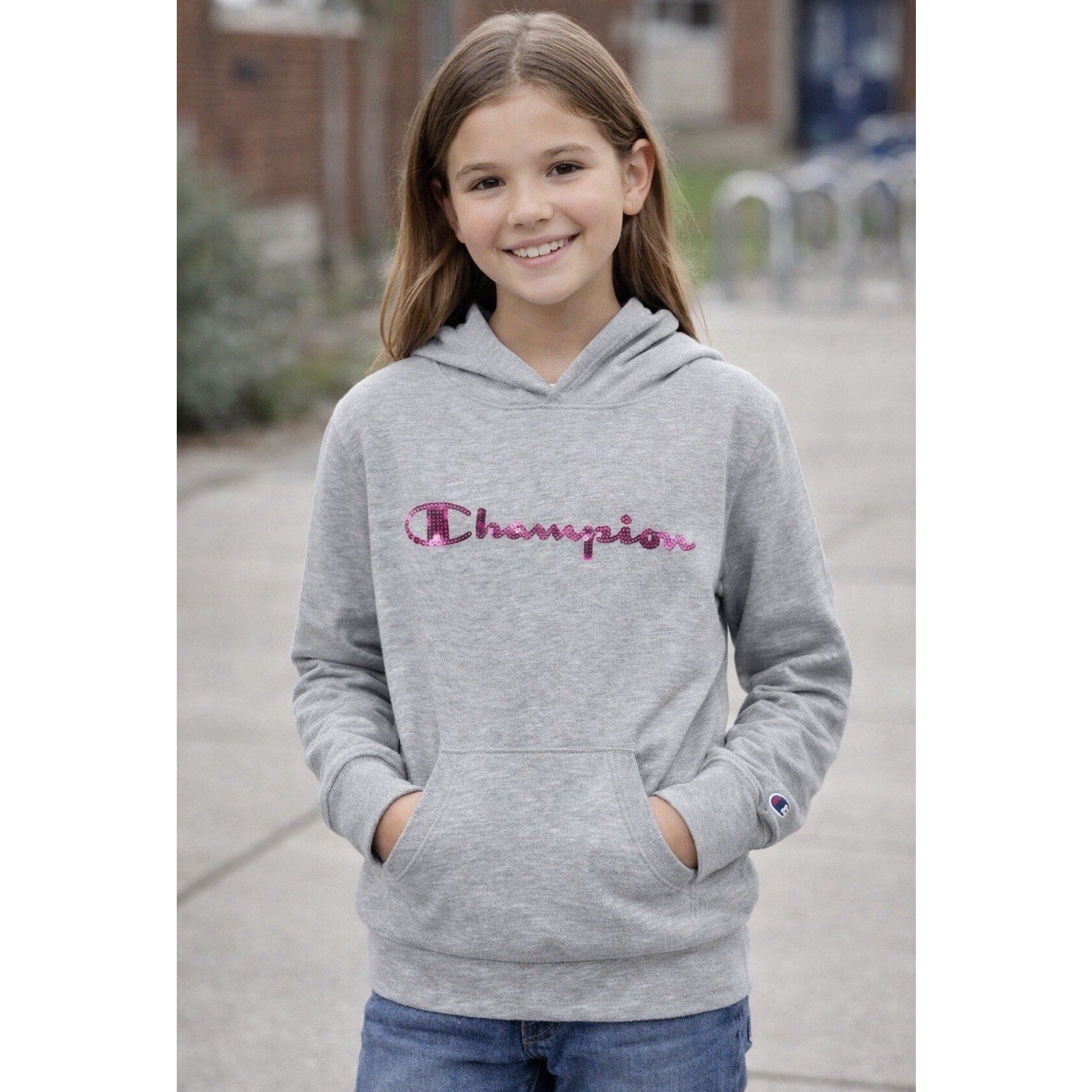 Champion Girls Hoodie Large Gray Pink SEQUIN Script Logo Pullover Youth L 10/12