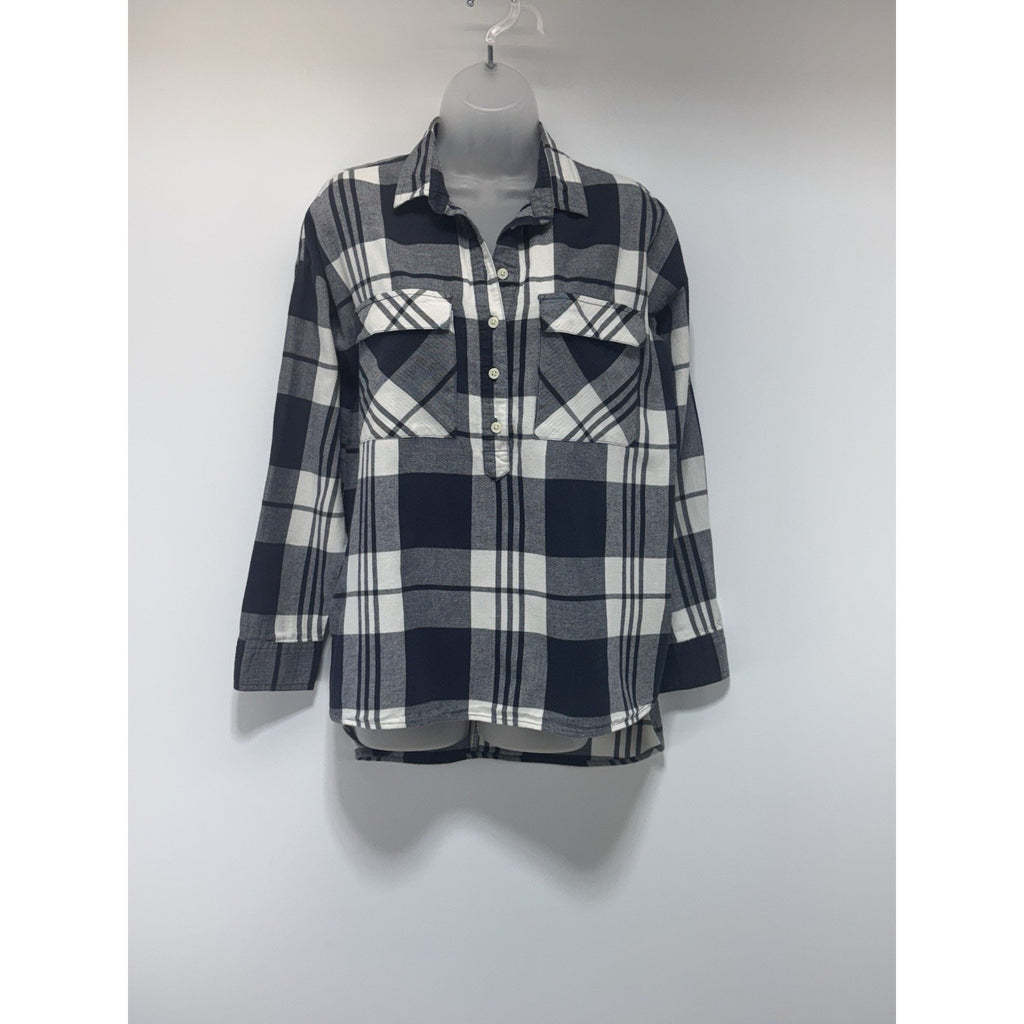 Old Navy Boyfriend Popover Shirt Black White Plaid Flannel Long Sleeve Women’s S