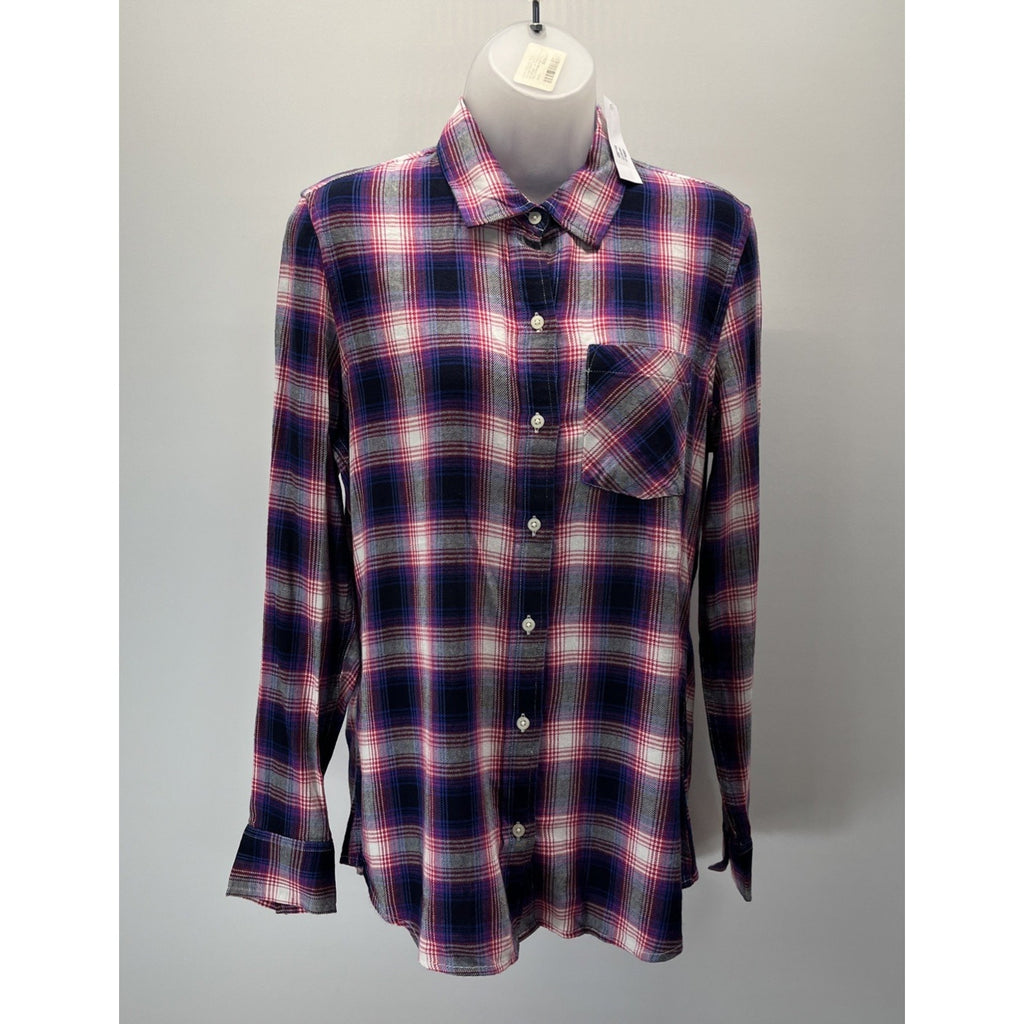 NWT Gap Long Sleeve Drapey Plaid Button Up Top Navy Pink Soft Size S
