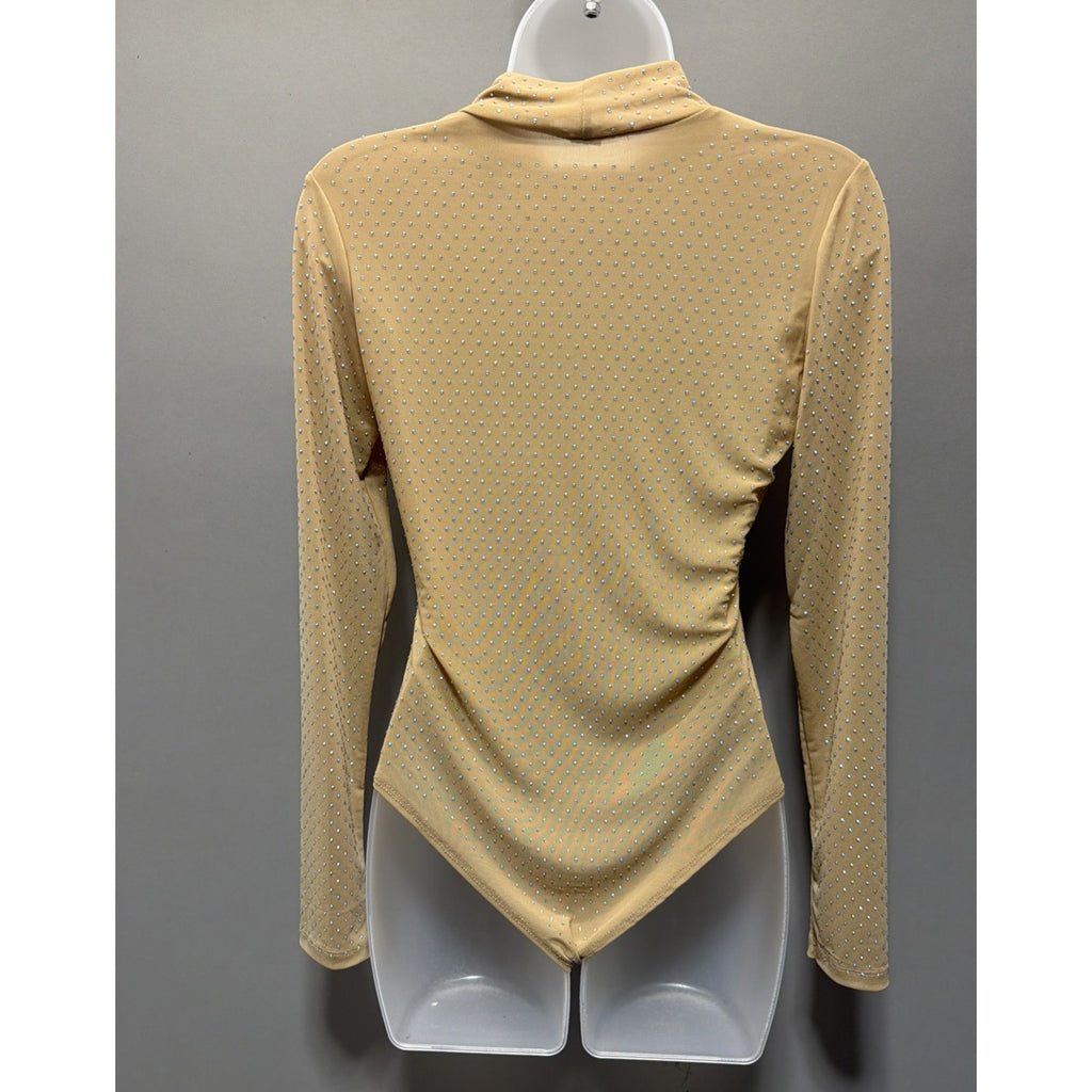 Nylon Apparel Rhinestone Studded Mesh Stretch Bodysuit Top Gold Large - New!