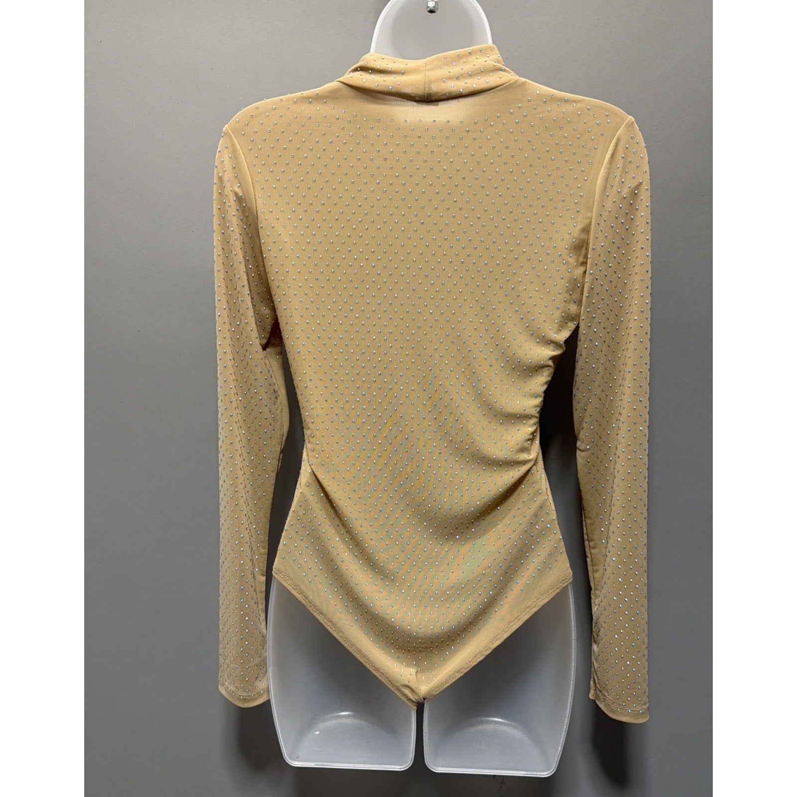 Nylon Apparel Rhinestone Studded Mesh Stretch Bodysuit Top Gold Large - New!