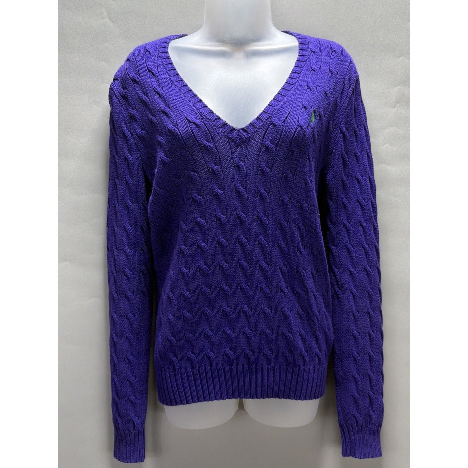 Ralph Lauren Sport Womens Large Purple Cable Knit V Neck Cotton Sweater Pony