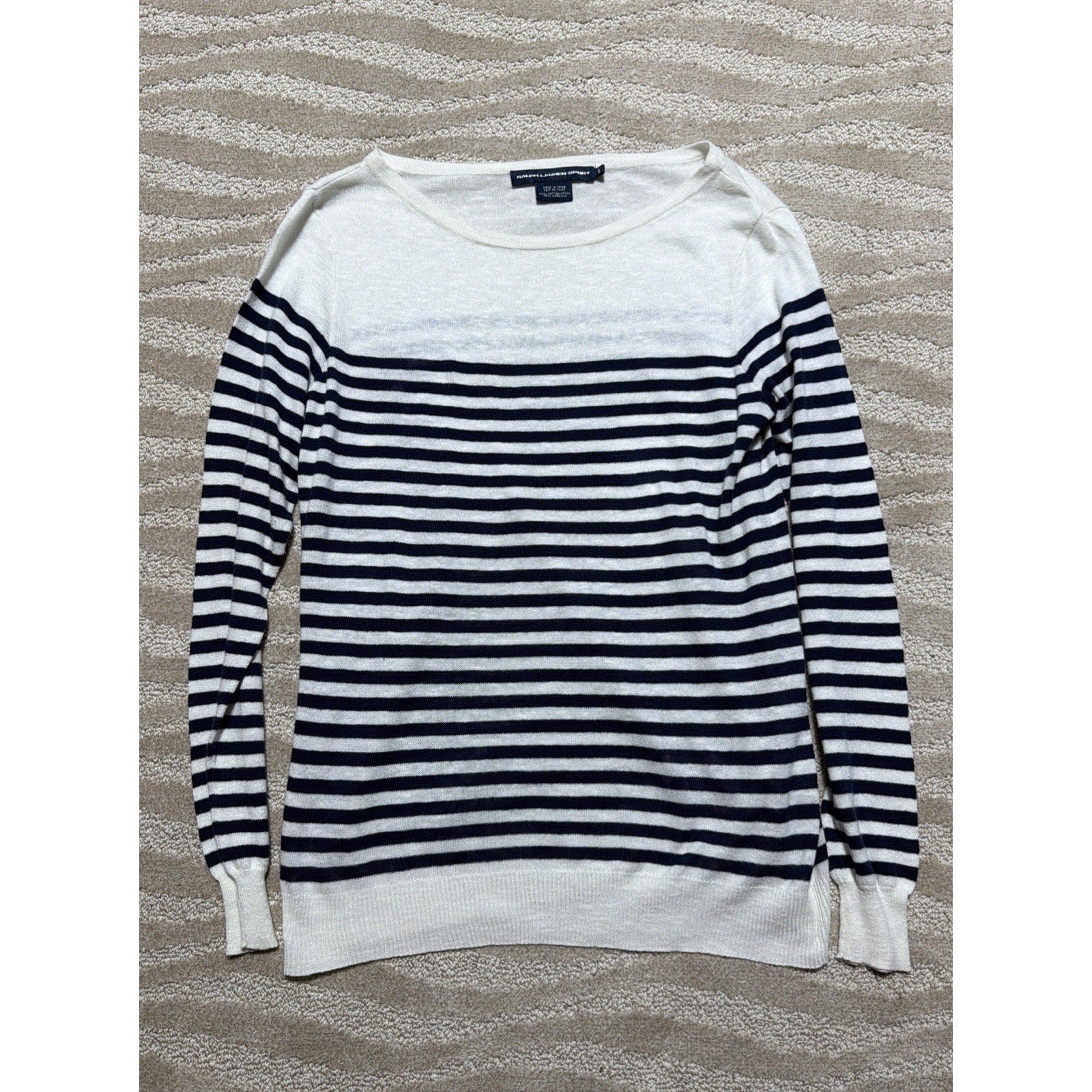 Vtg Ralph Lauren Sport Blue White Linen Cotton Nautical Stripe Women L Sweater