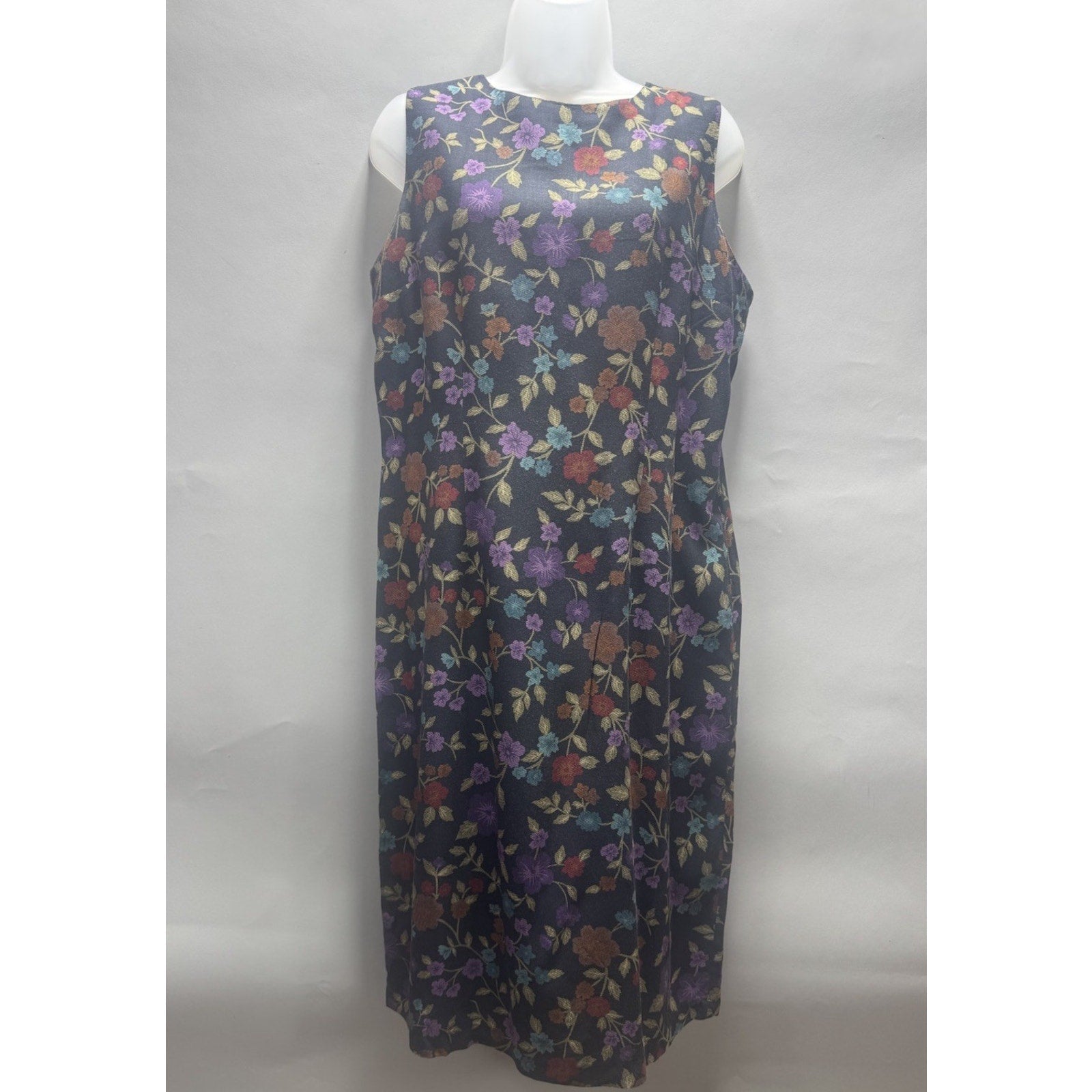 Vintage Sag Harbor Black & Jewel Tone Floral Print Y2K 90s Sleeveless Dress