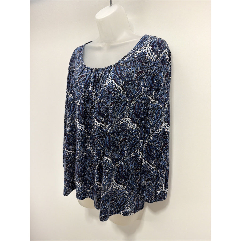 Womens Top-TALBOTS-blue/white/purple paisley rayon knit pleated neck 3/4 PXL