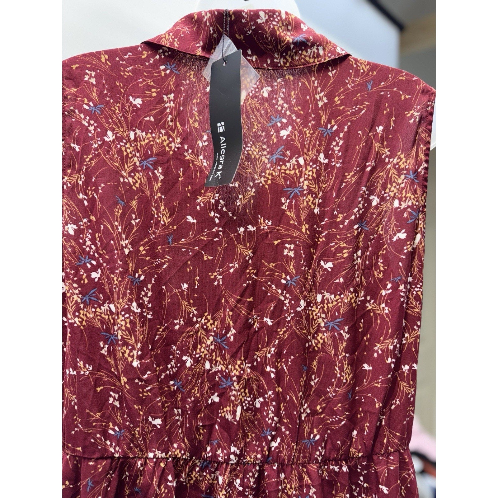 Allegra K Women's Collared Button Up Midi Floral Dress Dark Red X-Large