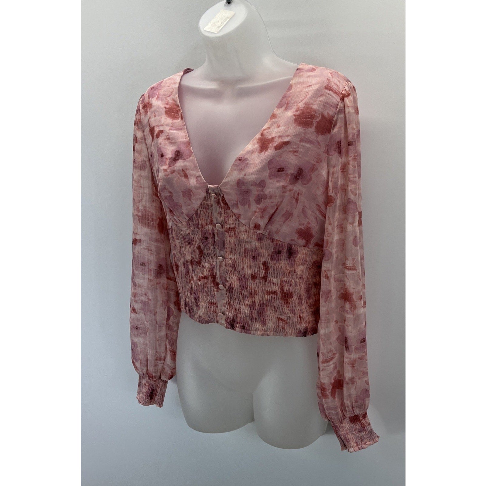 Bar III Top PInk Floral-Print Smocked-Waist Women Sz M NWT