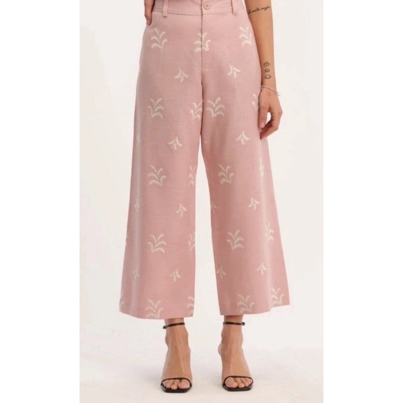 ELIE TAHARI Soft Mauve Linen Blend Pants Embroidered Motif Size 4 Beachy Casual