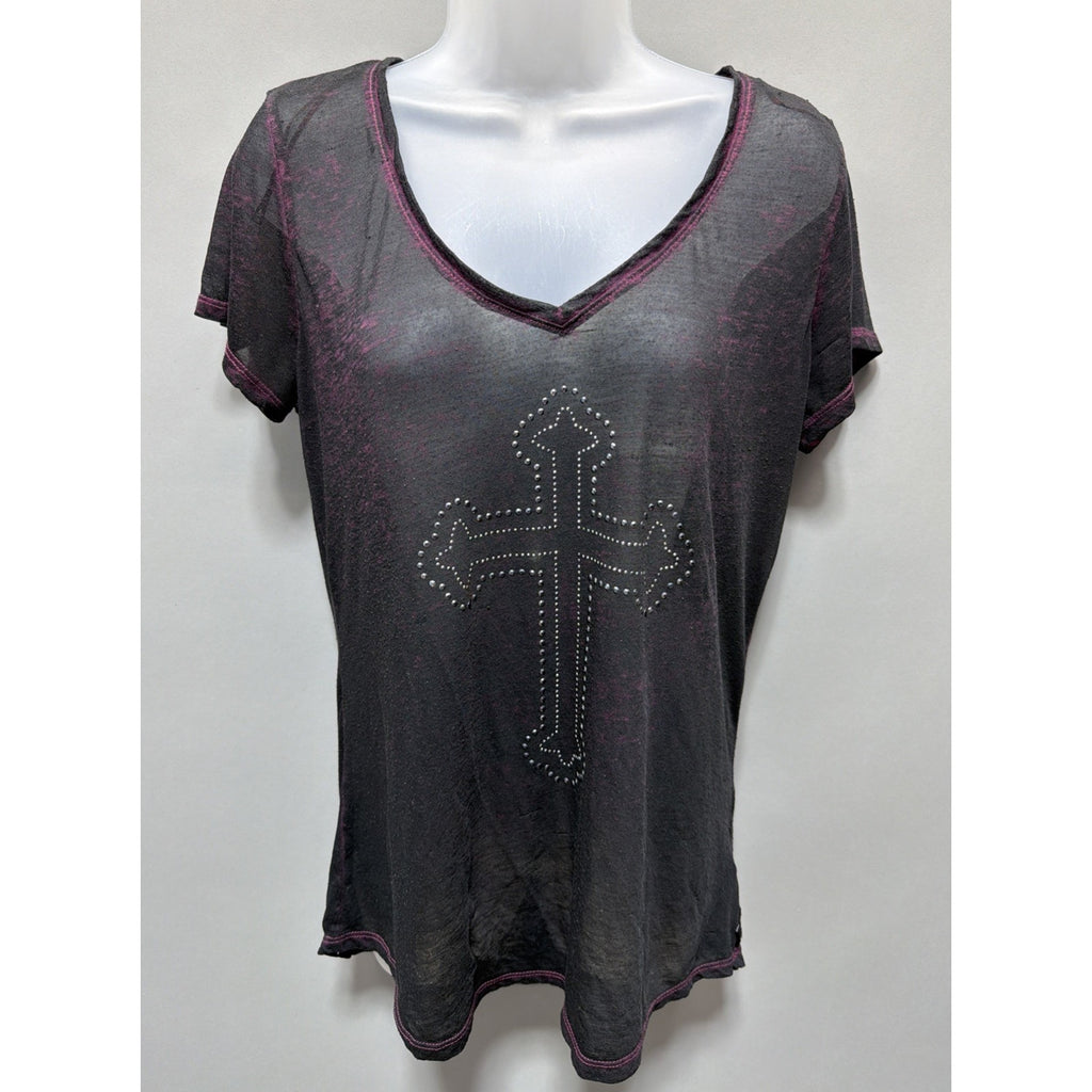 Women's Rock & Republic Black Embellished Short Sleeve see through V T Shirt M