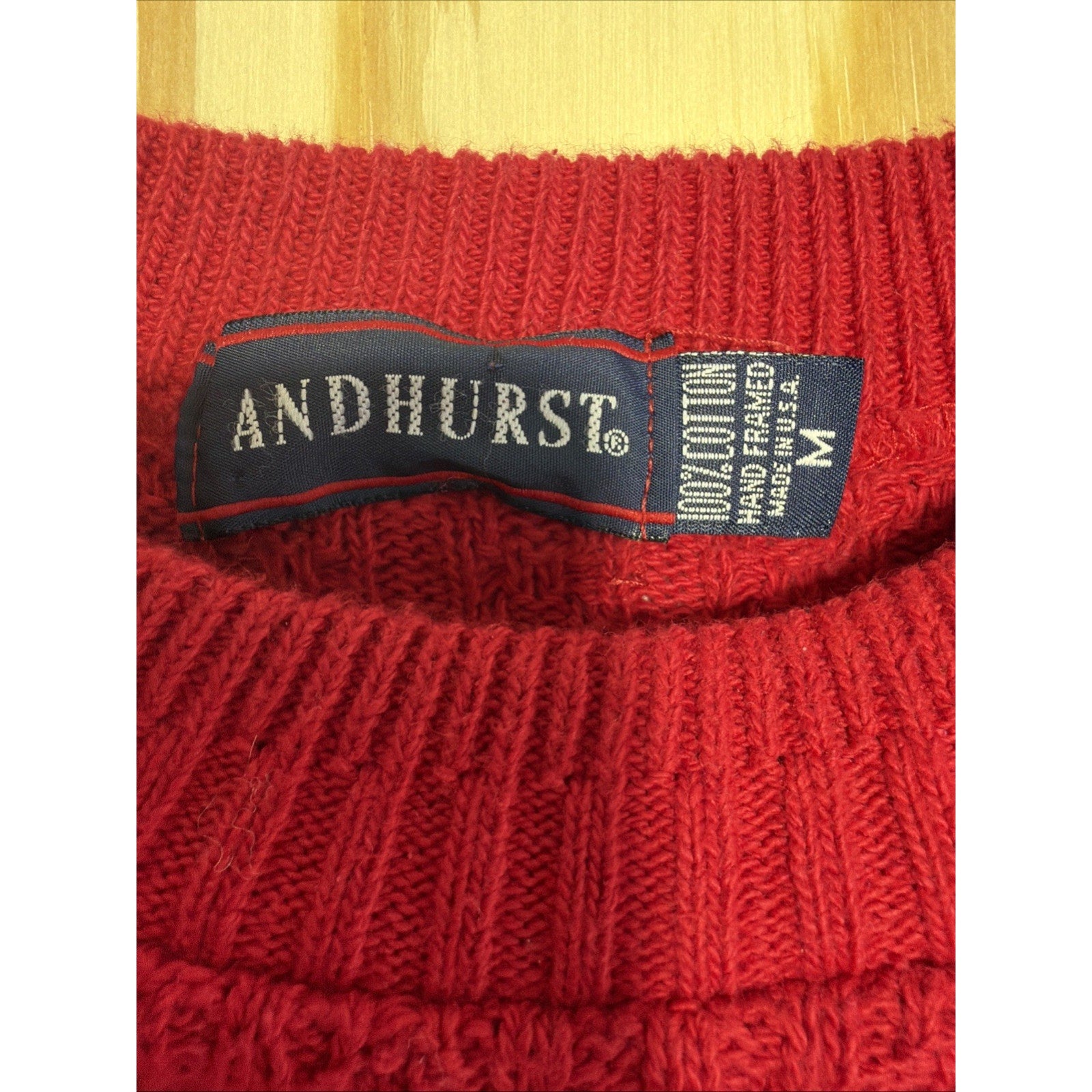 Vintage 90s Andhurst Sweater Men M Red Knit Cotton Hand Framed Cable Grandpa USA