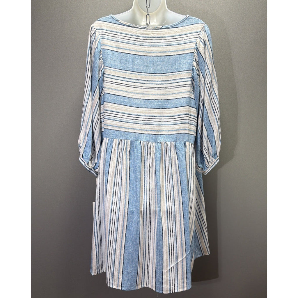 Ava James Plus Size 2X Dress Blue White Striped Linen Blend Balloon Sleeve New