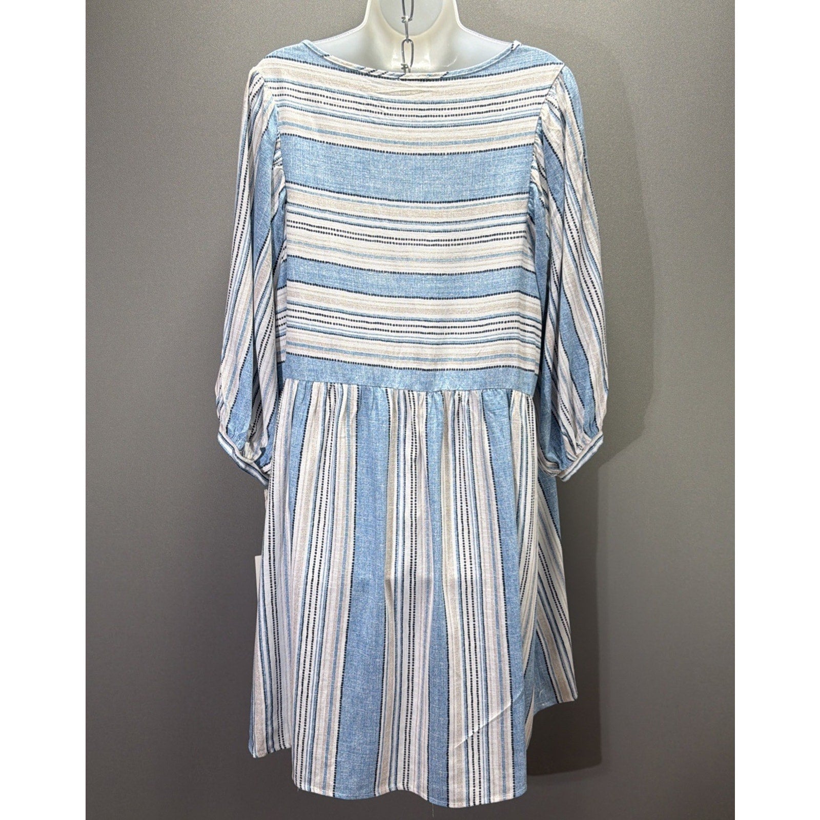 Ava James Plus Size 2X Dress Blue White Striped Linen Blend Balloon Sleeve New