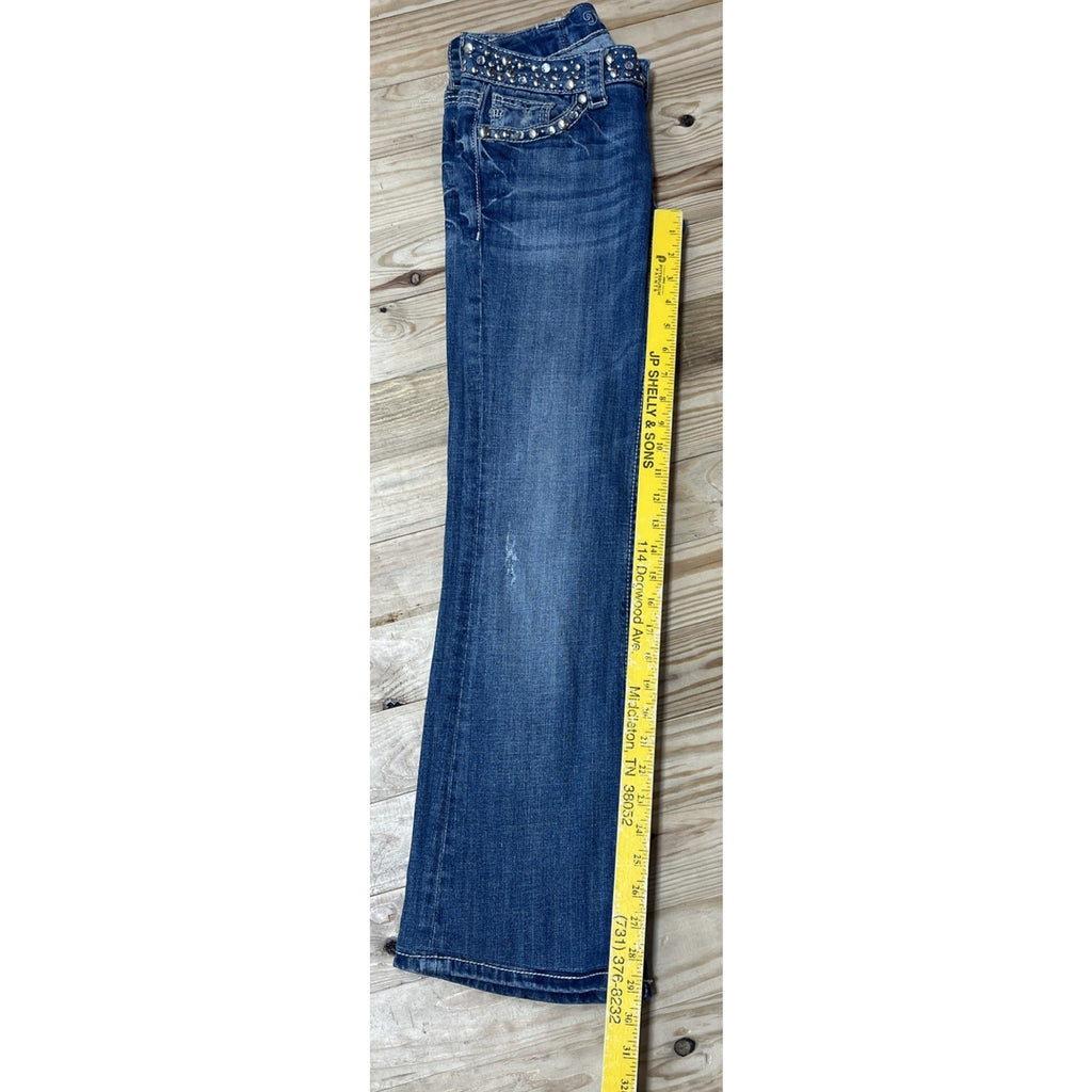 Miss Me Low Rise Bootcut women's jeans, size 26, embellished medium wash blue