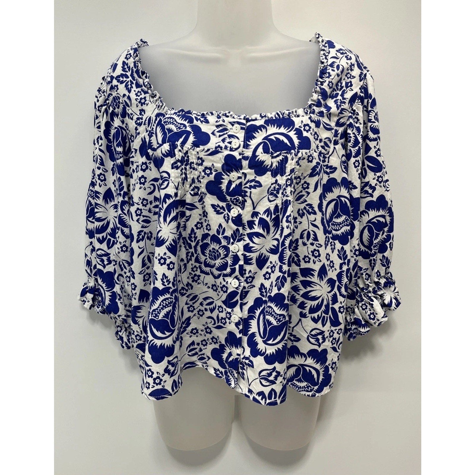 Rachel Zoe Women 3/4 Sleeve Button Linen Rayon Top Size M White Blue Floral